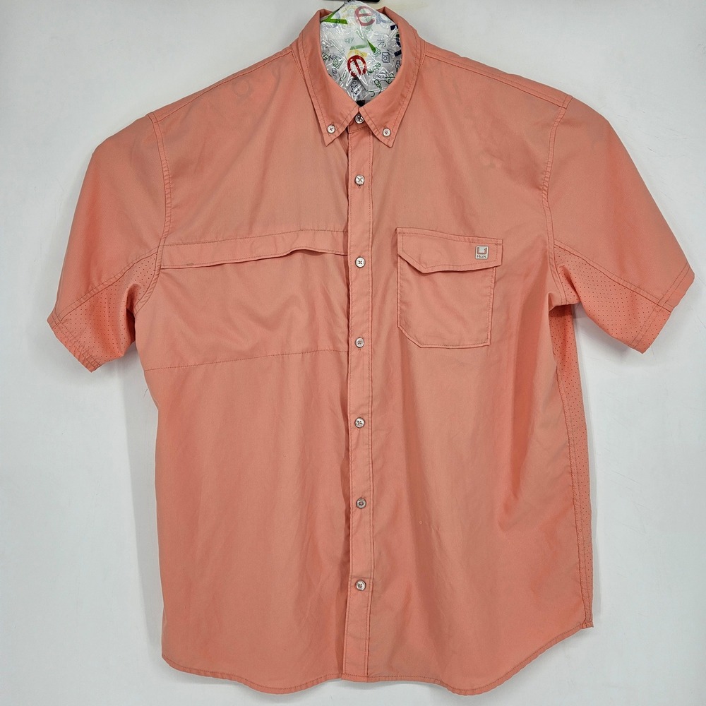 Huk Shirt Mens XXL Short Sleeve Button Up Fishing Outdoor Performance Salmon